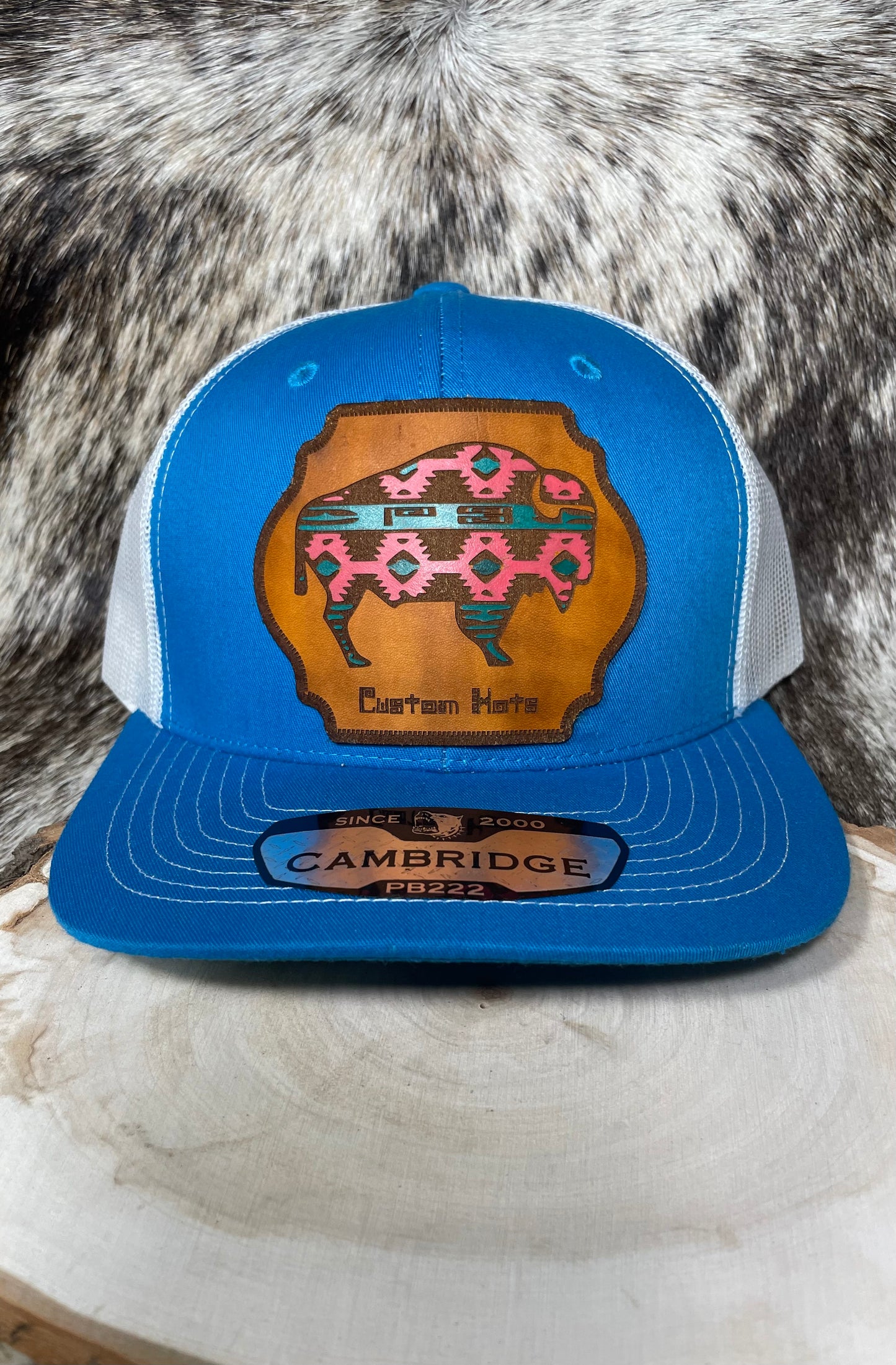 P3 Custom Hats Hand Painted Aztec Buffalo Leather Patch Hat