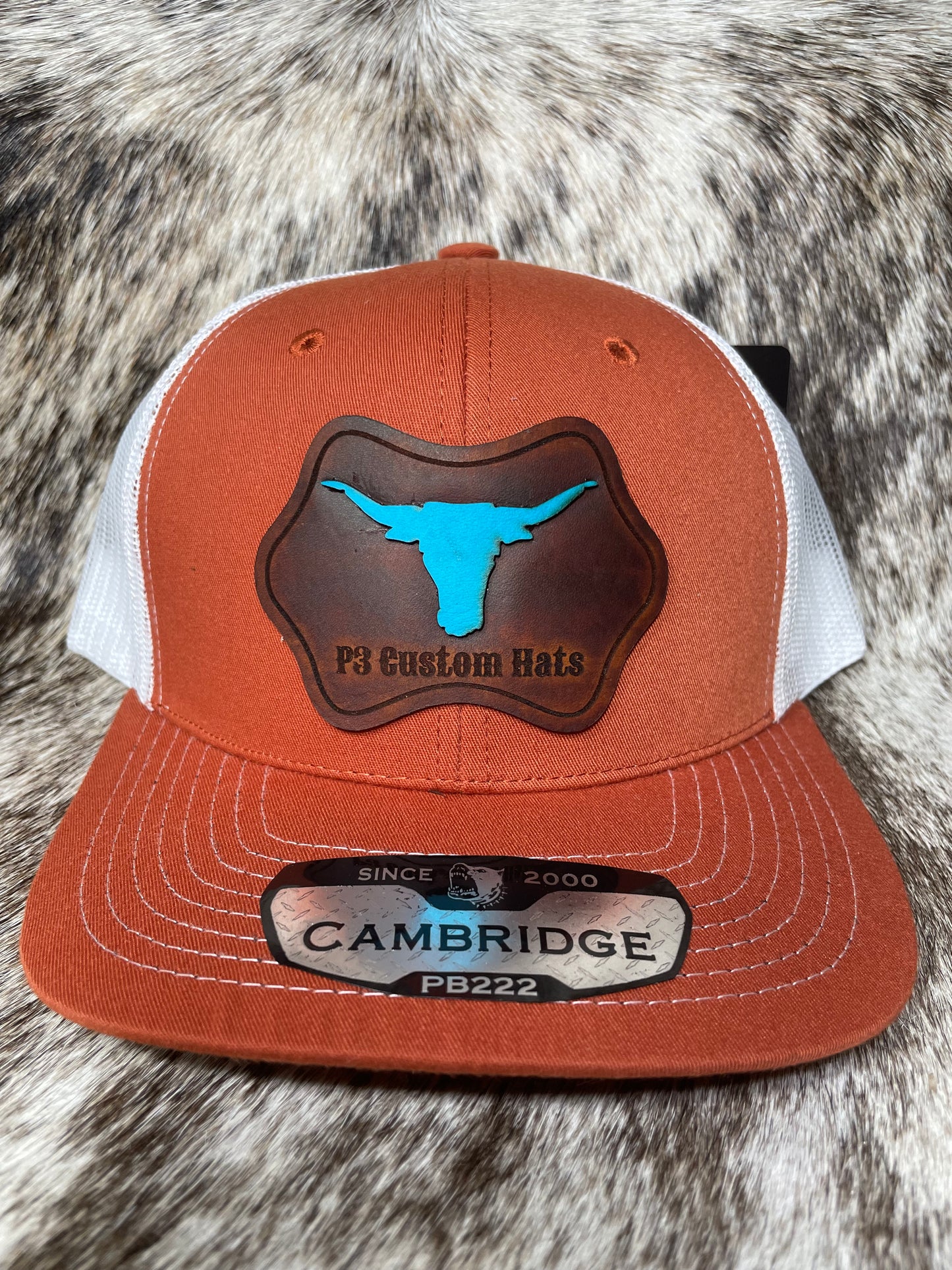 P3 Custom Hats Turquoise Longhorn Leather Patch Hat