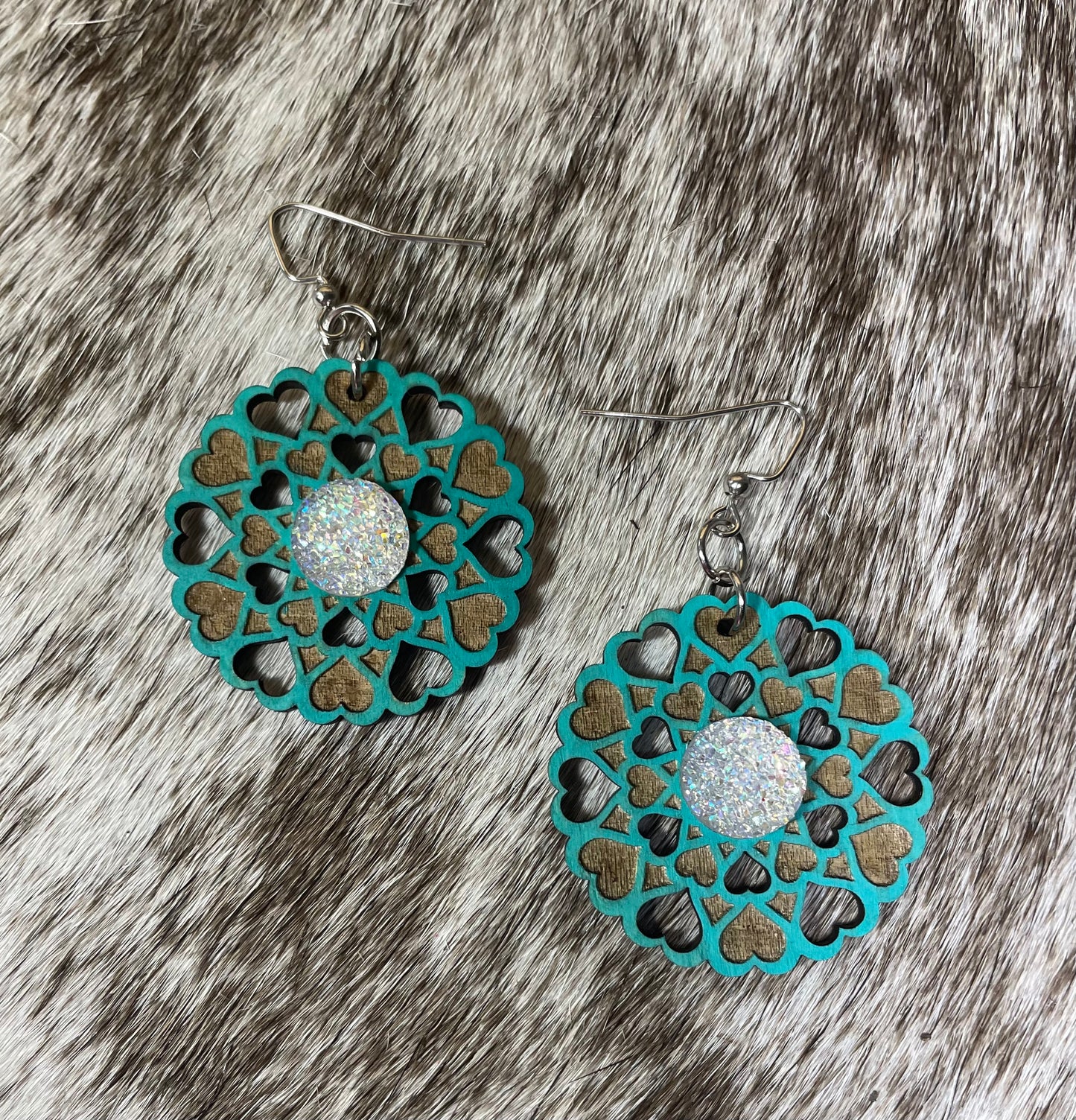 Round Dangle Earrings with Heart Cut-out and Center Bling