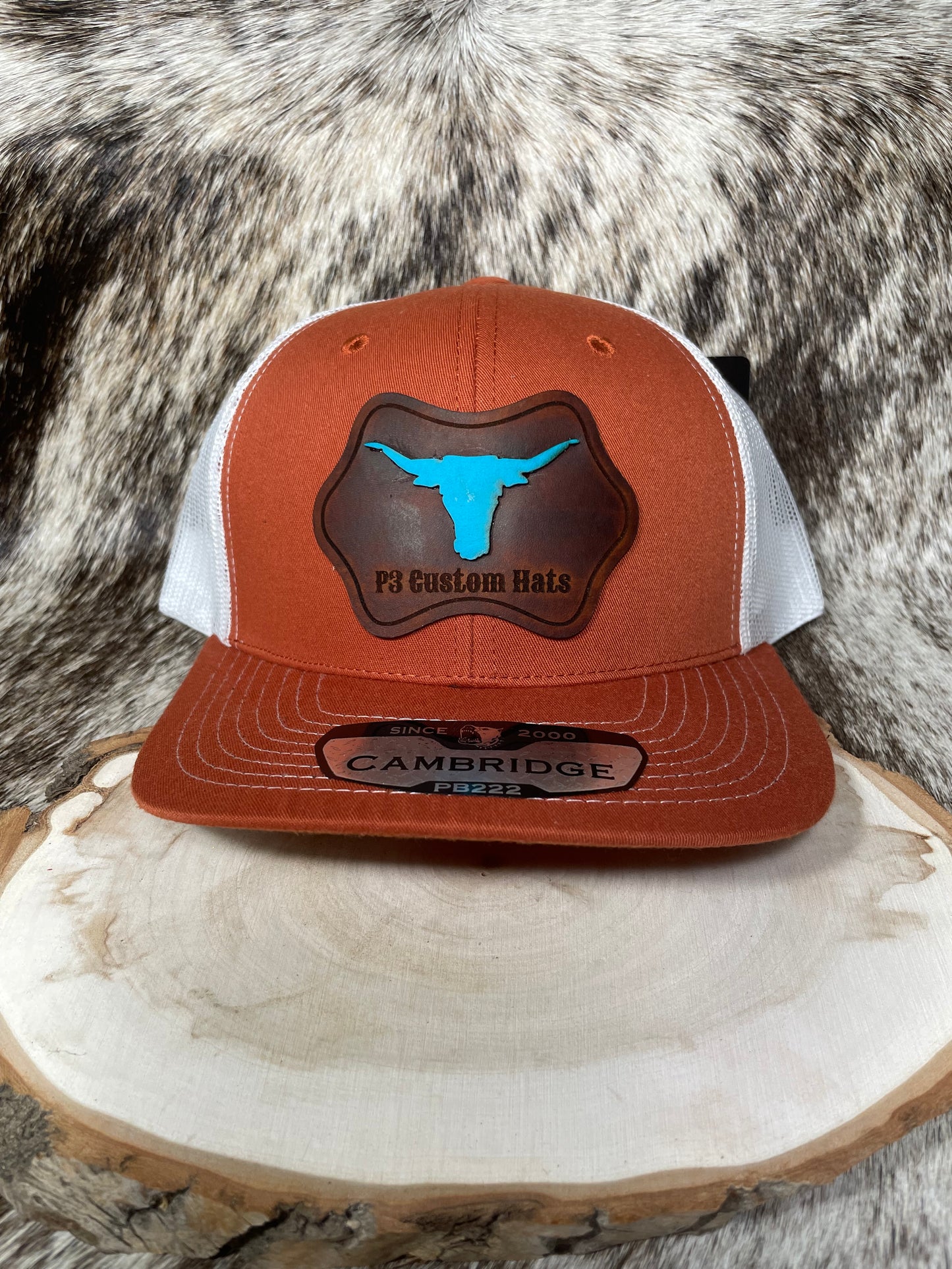 P3 Custom Hats Turquoise Longhorn Leather Patch Hat