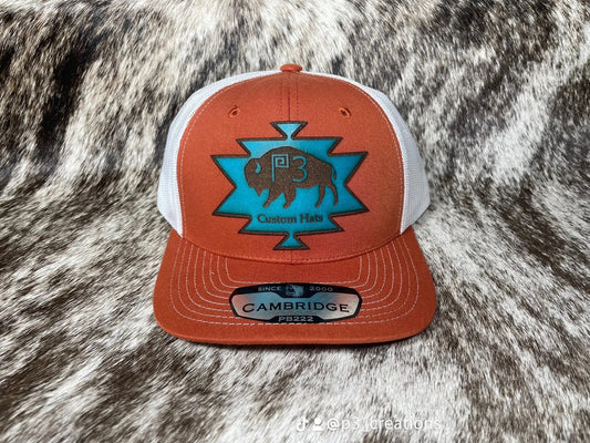 P3 Custom Hats Aztec Buffalo Turquoise Leather Patch Hat