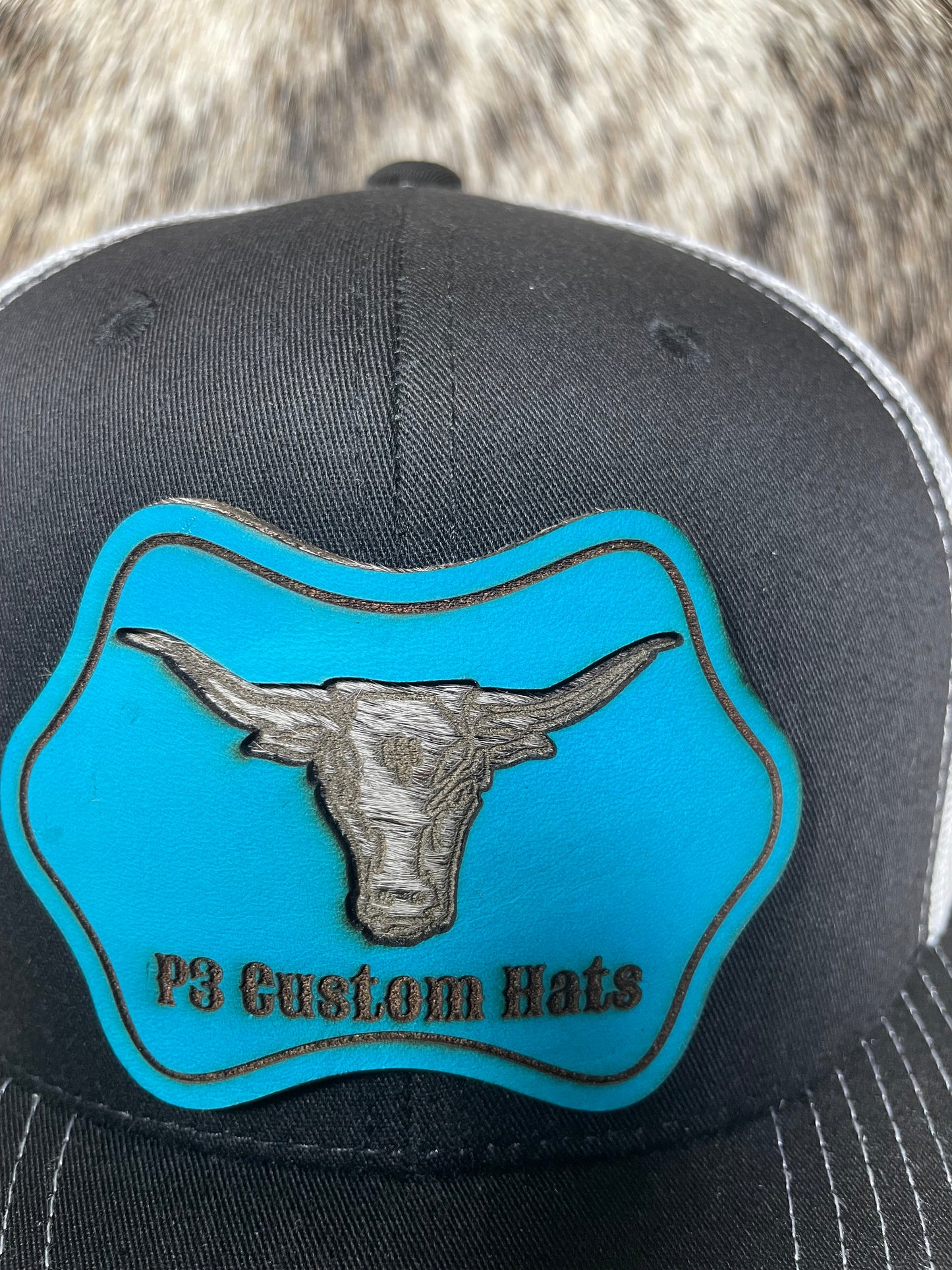 P3 Custom Hats Hair on Hide Longhorn Leather Patch Hat