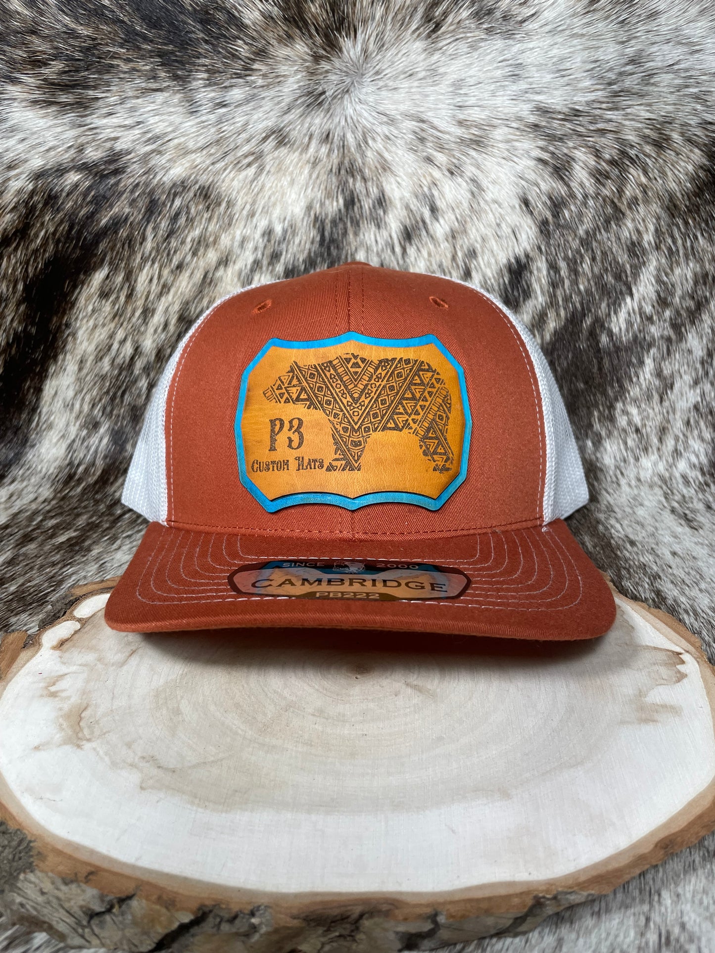 P3 Custom Hats Double Layer Leather Patch Hat with Aztec Bear