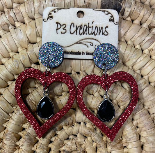 Glittered Heart Earrings with Bling