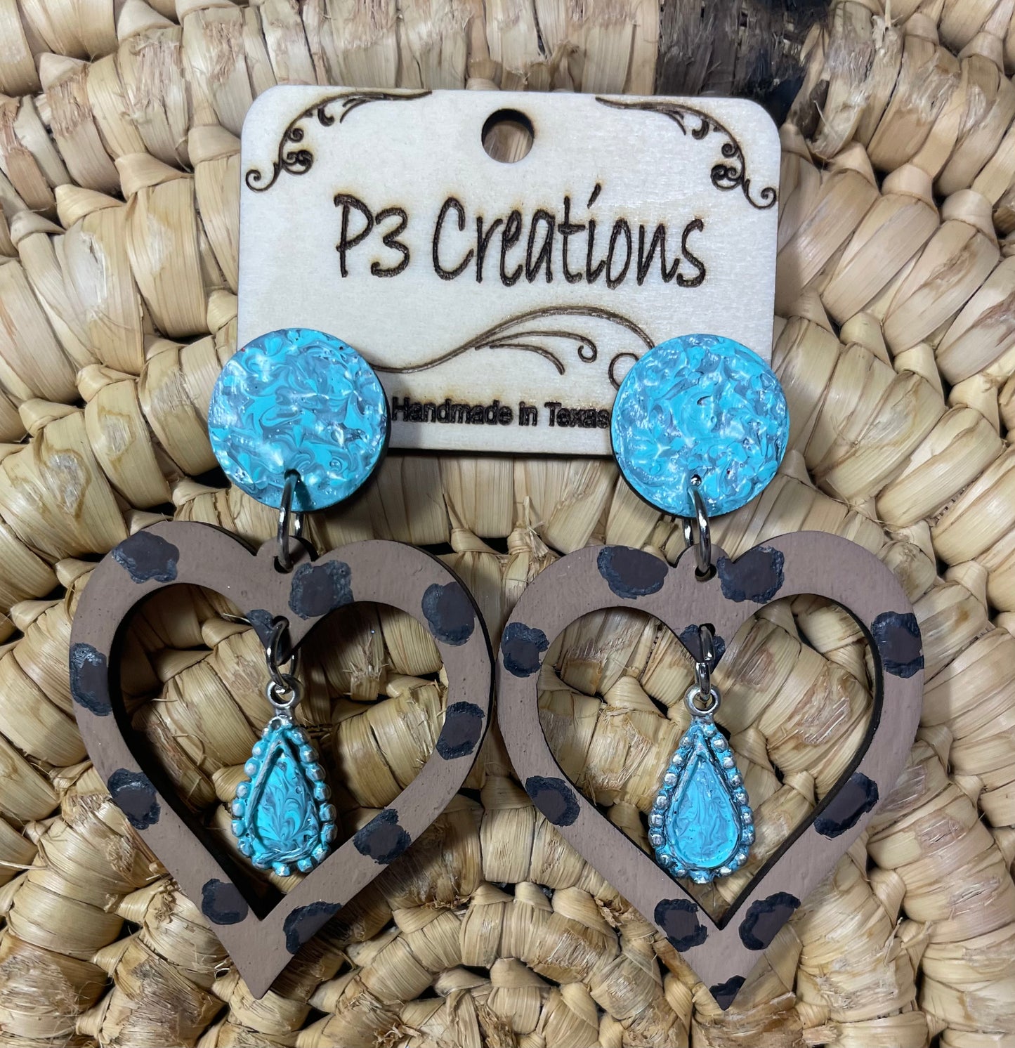 Faux Turquoise and Leopard Print Heart Earrings