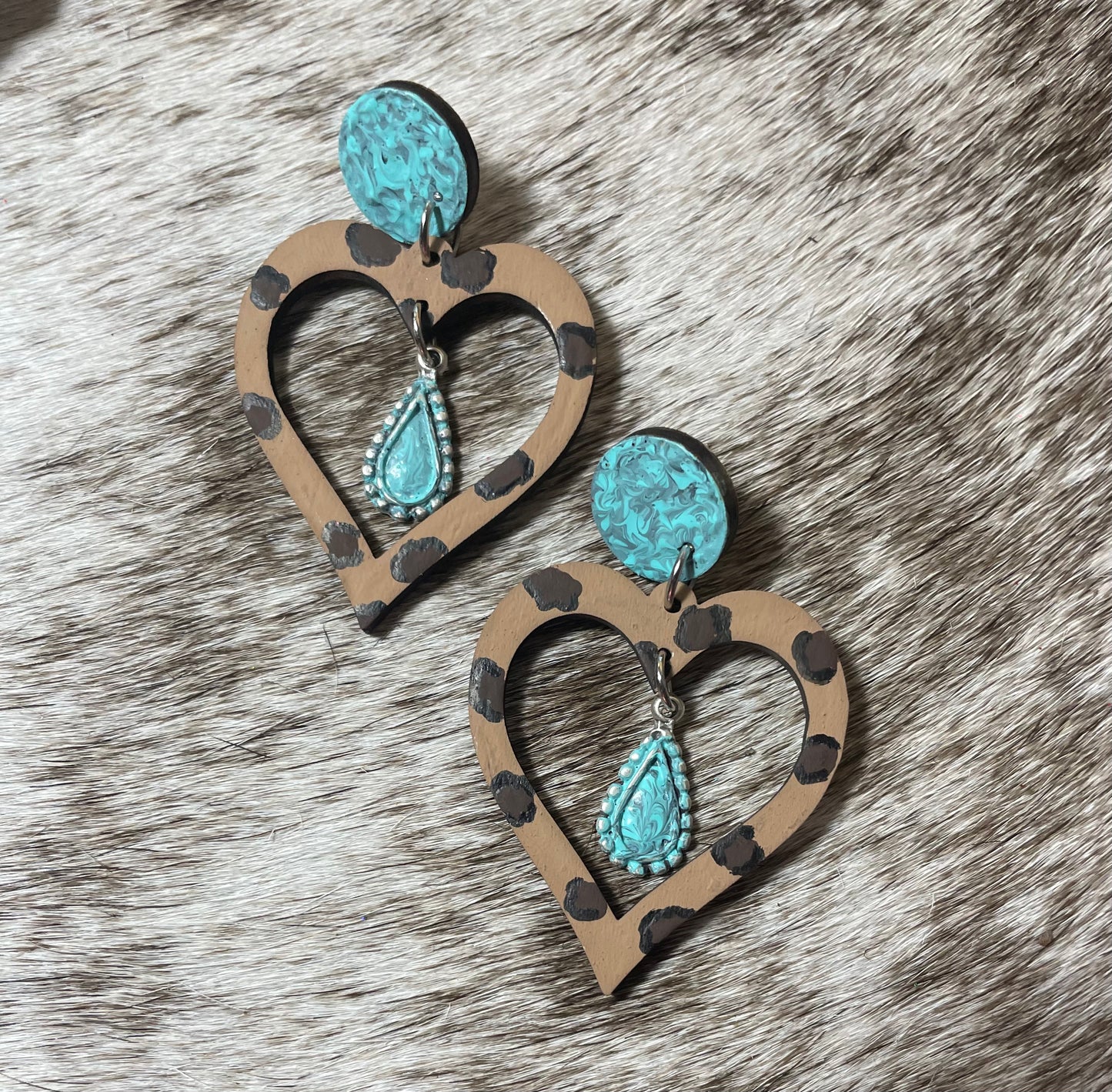 Faux Turquoise and Leopard Print Heart Earrings