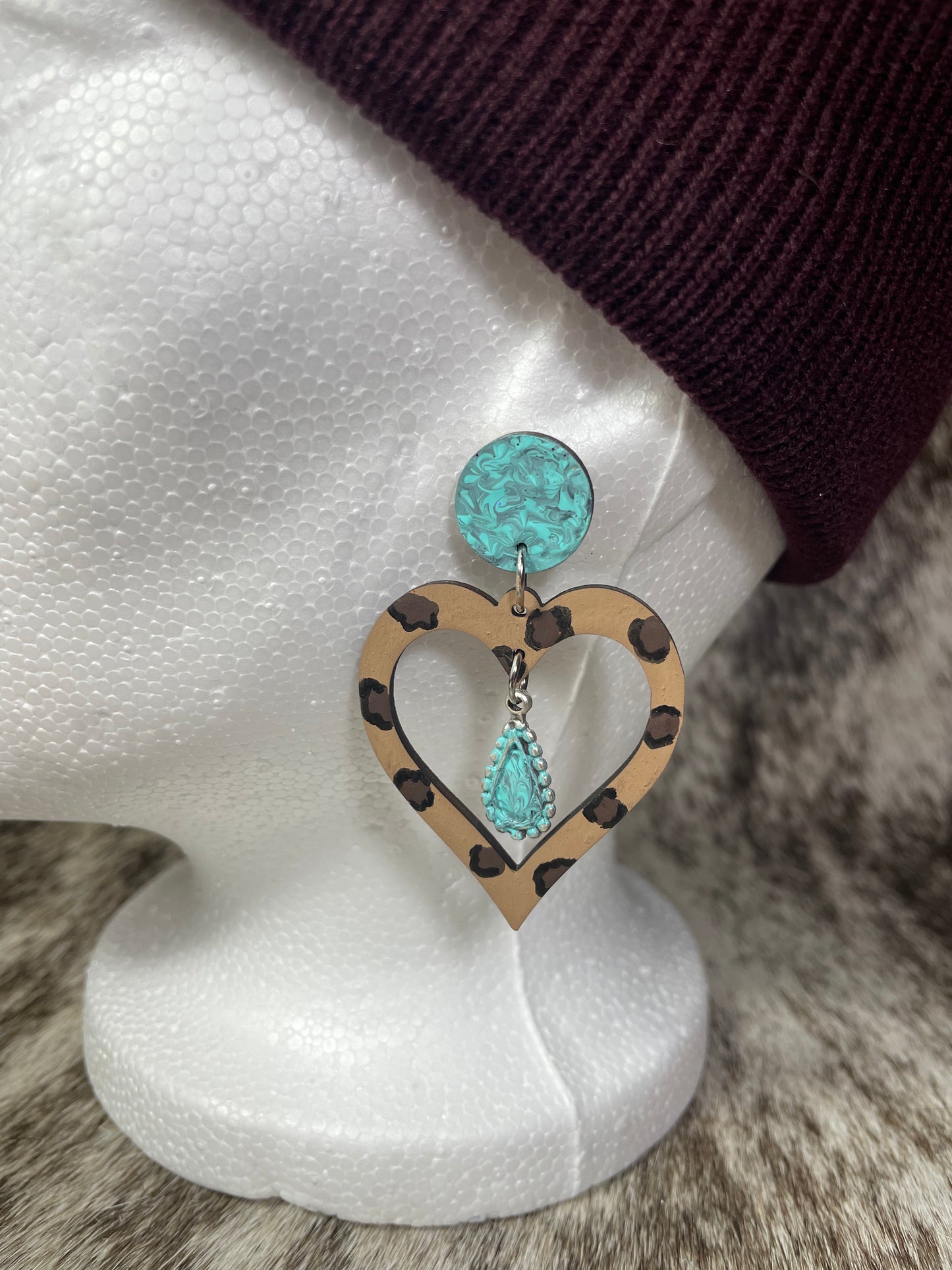 Faux Turquoise and Leopard Print Heart Earrings