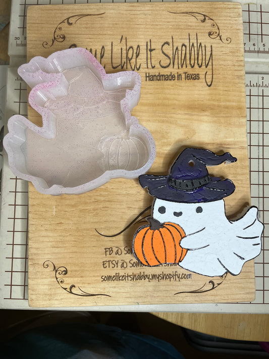 Ghost in Witch Hat Holding Pumpkin Mold for Freshies, Soap, Ice, Resin, etc.